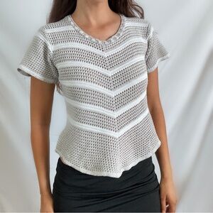 Vintage crochet knit gray chevron stripe blouse top Y2K retro